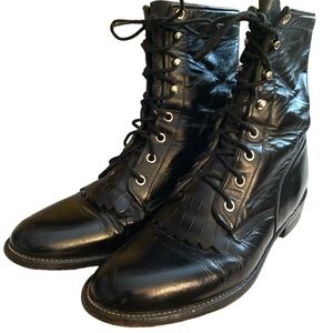 Justin L506 Black Leather Womens Size 8C Granny Lace-up Boots Ropers Lacers